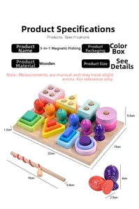 Macro detail of wooden 3-in-1 Montessori fishing toy showing dimensions and macaron pieces