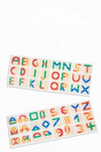 Double-sided manual showing 26 letters and 48 creative patterns for wooden puzzle blocks