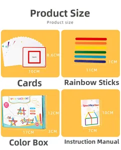 Detailed size chart of wooden math sticks and colorful cards for early childhood learning