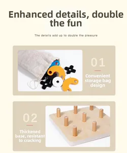 Detail of wooden geometric puzzle blocks with thick base and cotton storage bag