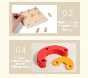 Close-up of rounded wooden pegs and colorful arc blocks for safe children's assembly