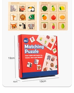 Detailed wooden Montessori matching puzzle boards with animal and fruit cognitive patterns