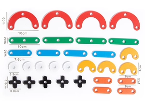 Detailed view of colorful Montessori wooden geometric puzzle parts and dimension specs