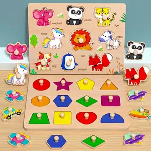 Montessori wooden puzzle set with animal and geometric shapes and easy-grip handles