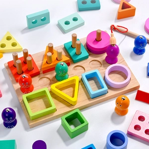 3-in-1 wooden Montessori magnetic fishing and geometric shape sorting stacking puzzle toy