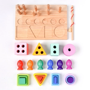 3-in-1 magnetic wooden fishing puzzle with geometric shape sorting blocks for early learning