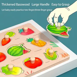 Montessori wooden fruit and vegetable puzzle board with large handles for baby grip