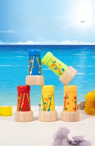 Detailed view of colorful kaleidoscope toy set with wooden bases and vivid patterns