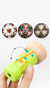 Detailed view of wooden kaleidoscope with symmetrical geometric floral patterns inside