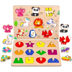 Educational wooden peg puzzle set for toddlers featuring animals and geometric shapes