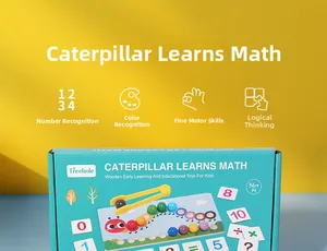 Detailed view of caterpillar math wooden toy with colorful balls and tweezers for kids