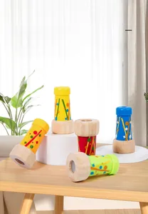 Detailed view of five colorful wooden kaleidoscope toys with various geometric patterns