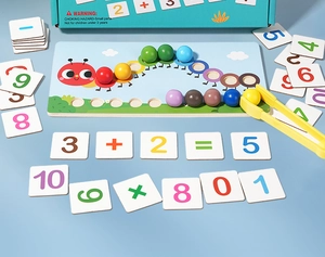 Detailed macro shot of caterpillar math toy with colorful beads and wooden numbers