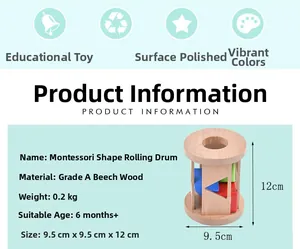 Detailed specs of beechwood Montessori shape rolling drum toy with colorful blocks