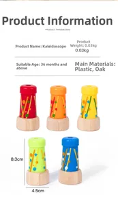 Close-up of colorful wooden kaleidoscope toys for kids with size and material details