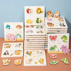 Montessori wooden puzzle set with knobs featuring animals and transport for early learning