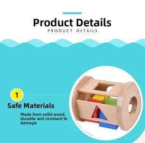 Detailed view of natural wood shape sorter box with smooth geometric colorful blocks