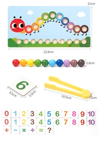 Detailed view of caterpillar math toy showing wooden board, colorful beads and tweezers
