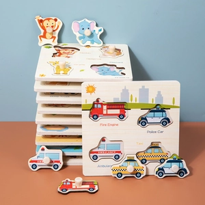 Montessori wooden puzzle set with animal and vehicle shapes and easy-grip knobs