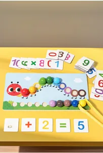 Macro view of wooden caterpillar math toy with colorful beads and counting number cards