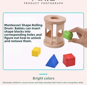 Detail of hand placing geometric blocks into a wooden Montessori rolling cylinder toy