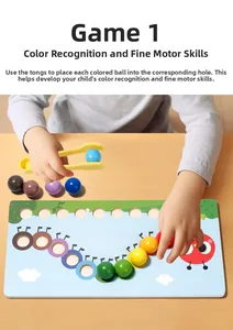 Detail of wooden caterpillar sorting board with colorful beads for fine motor skill training