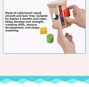 Close-up of wooden Montessori sorting box with colorful beech wood blocks for infant motor skills