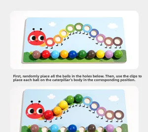 Detailed view of caterpillar wooden puzzle board for color matching and motor skills