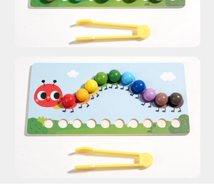 Detail of wooden caterpillar toy showing colorful beads and tweezers for skill training