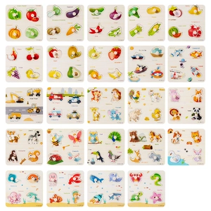 Wooden puzzle set for toddlers featuring animals, transport, and fruits with knobs