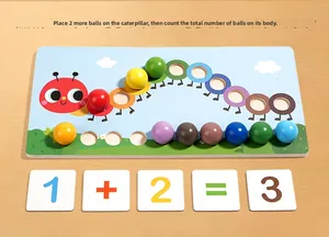 Educational caterpillar math toy with colorful wooden beads and addition cards on wood