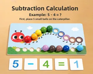 Macro view of wooden caterpillar math board with colorful beads and subtraction card