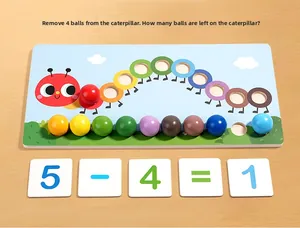 Educational caterpillar math toy with wooden beads showing a subtraction lesson scene