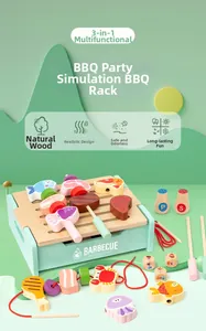Detailed close-up of 3-in-1 wooden BBQ play set with toy food and seasoning bottles