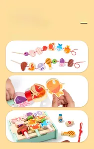 Detail of wooden barbecue toy set featuring colorful seafood skewers and smooth beads