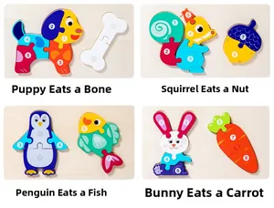 Holzpuzzles zur Tier-Nahrungskette für Kinder mit Zahlen zum frühen Lernen und Zuordnen