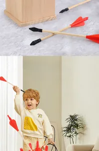 Close-up of wooden arrow shafts and indoor toss game set with non-slip base