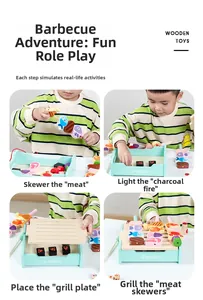 Macro detail of children's wooden BBQ playset showing interactive steps for pretend play