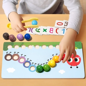 Wooden caterpillar counting toy set with colorful beads and math cards for kids learning
