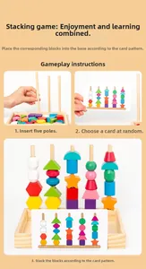 Detailed close-up of wooden geometric sorting blocks with shape stacking on pegs