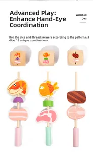 Close-up of wooden food blocks and dice for children's interactive BBQ skewer play set