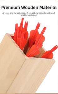 Close-up of wooden Touhu arrows with red feathers and solid pine wood target container