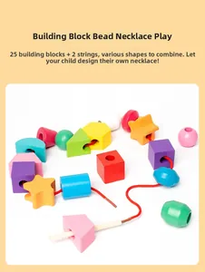 Detail view of 25 wooden geometric blocks and 2 red lacing strings for sensory play