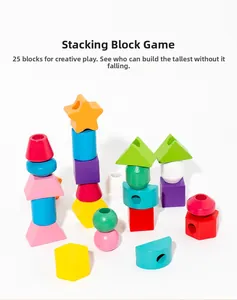 Detailed view of 25 colorful wooden geometric blocks in star and cylinder shapes