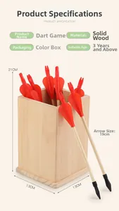 Detailed view of solid wood Touhu game set with dimensions and red feathered arrows