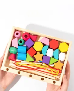 Wooden geometric bead set in storage box for toddler shape and color sensory learning