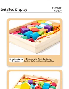Detail of colorful geometric wooden beads and red threading string for sensory play