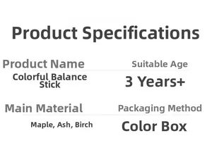 Detailed specifications for wooden color balance sticks toy made of linden and birch wood