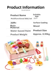 Detail of wooden BBQ playset showing assorted toy food skewers and pink grill base