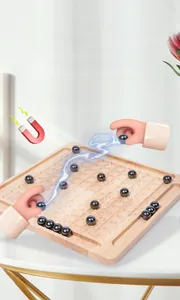 Macro shot of magnetic logic game showing wooden board with black spherical magnets